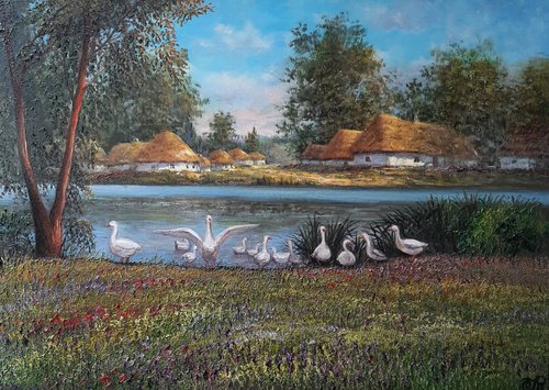 Landscape with geese by Dmitrij Tikhov