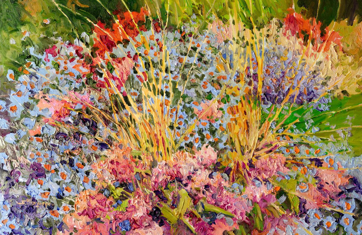 Expressive Botanical Oil Painting By Suren Nersisyan, 36 X 24", Blooming Garden, Original Artwork