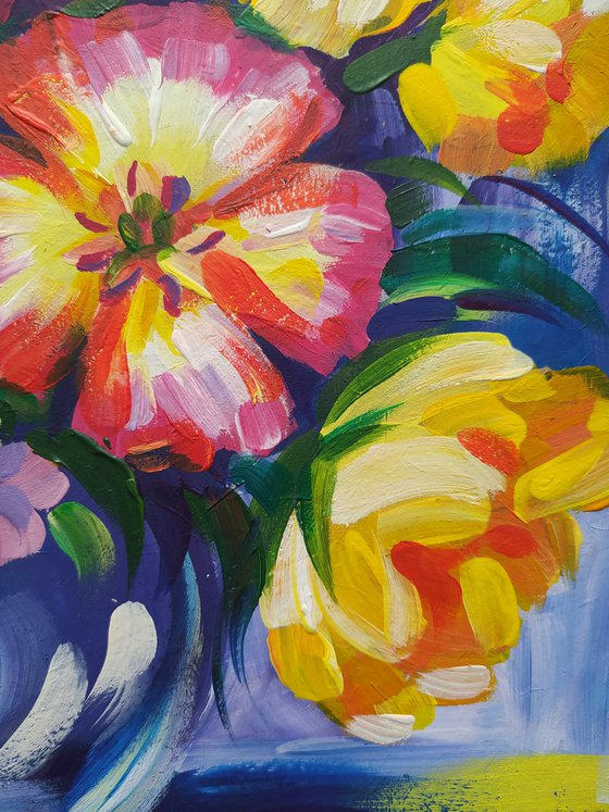 Tulips - flowers, tulips artylic, acrylic painting, bouquet of flowers, still life, bouquet of tulips, flowers in vase