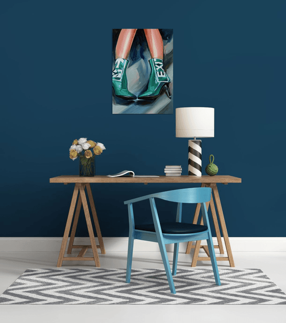 EXIT - oil painting on canvas original gift feminism green boots woman legs nude erotics original gift home decor pop art office interior