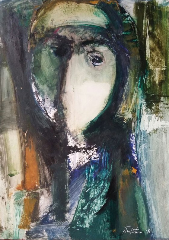 Glance(oil painting, 26x36sm, paper, portrait)
