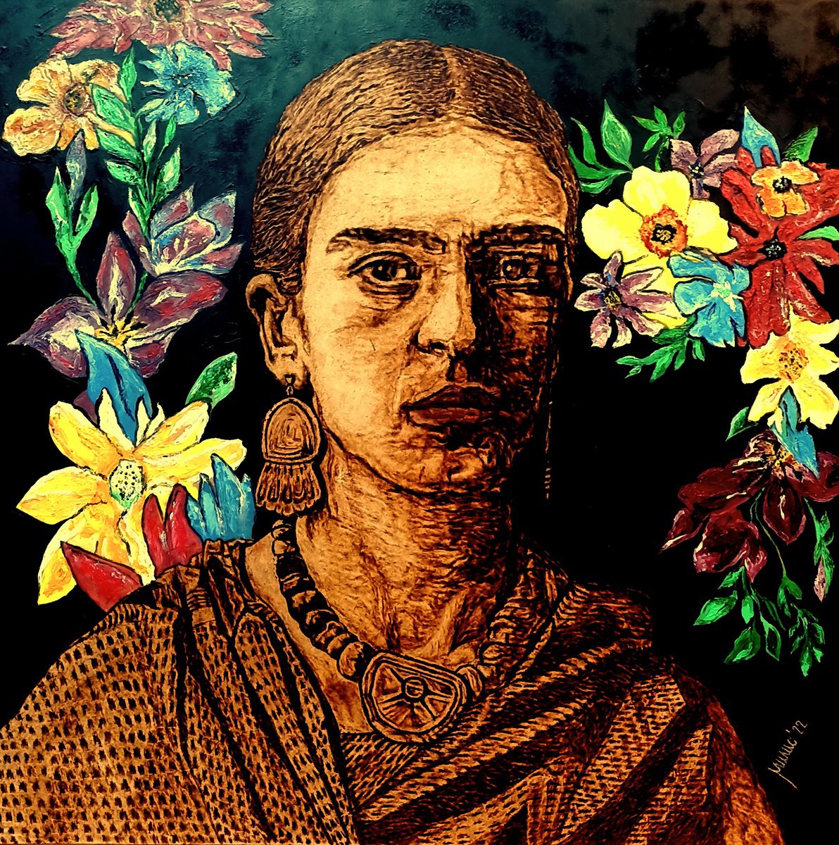 Expressive Painting , Frida Kahlo By Milis Pyrography, 24 X 24, Artwork For Sale On Artfinder