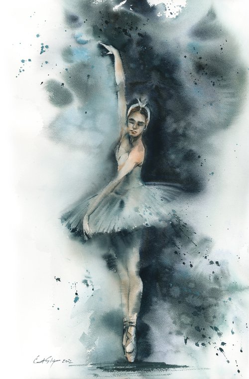 Odette Swan Lake Ballerina Watercolor by Sophie Rodionov