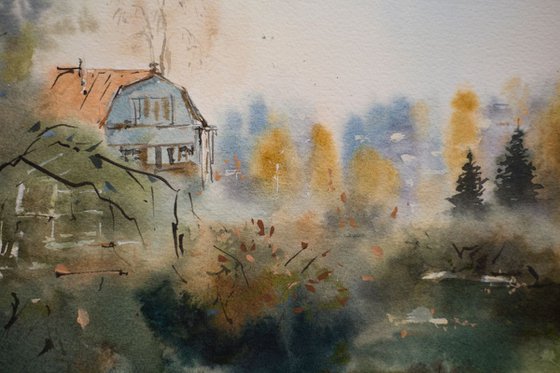 Fall in Russian village. Small original watercolor landscape. Autumn fall country landscape