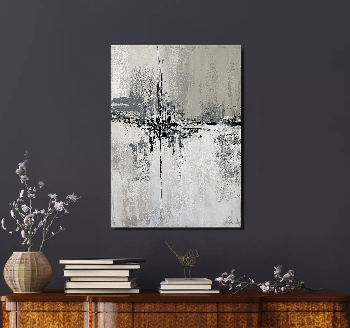 Expressive Abstract Acrylic Painting By Tatiana Malinovscaia, 20 X 28", Monochrome Resonance Grey, Original Artwork