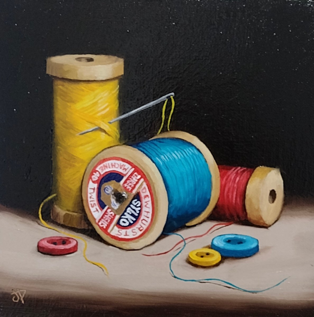 Vintage Cotton reels with buttons still life by Jane Palmer Art