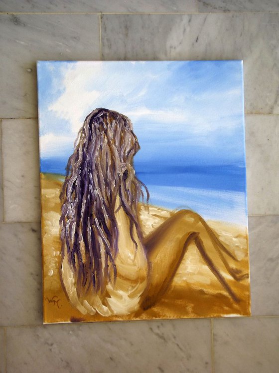 SEASIDE GIRL - Sitting at the Seaside - Oil painting on canvas (40x50cm)