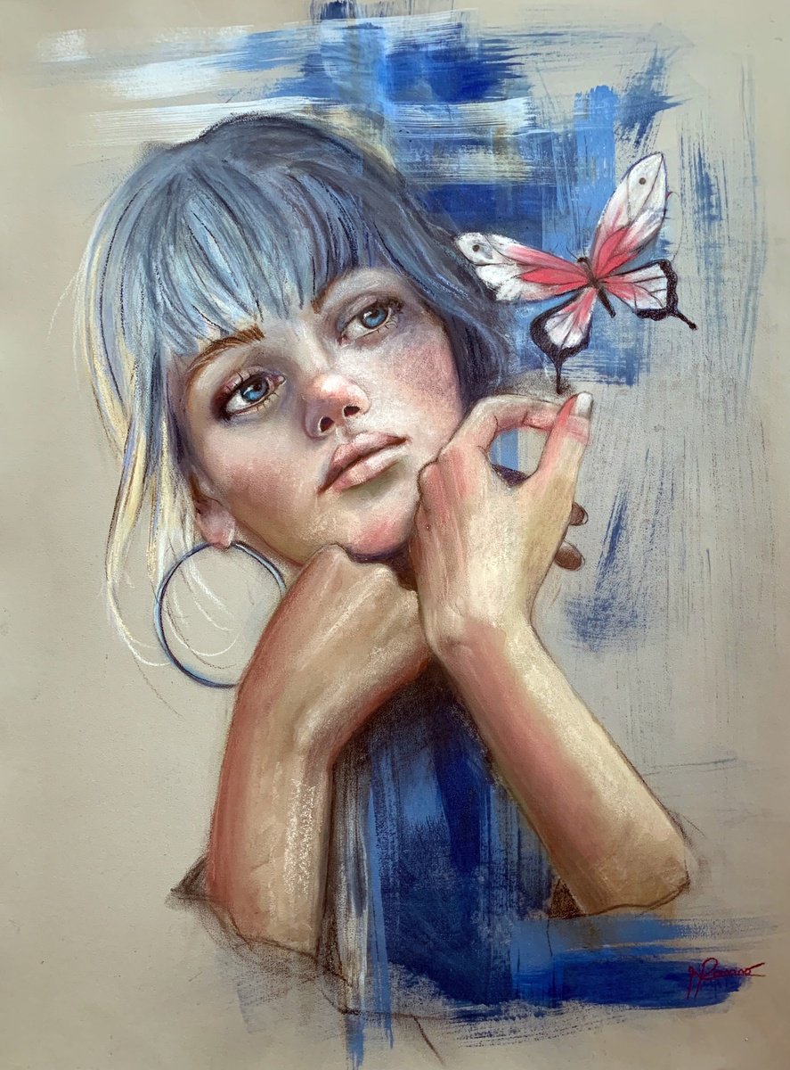 Expressive Portrait Pastel Drawing By Maria Romano, 20 X 26", Blue, Original Artwork