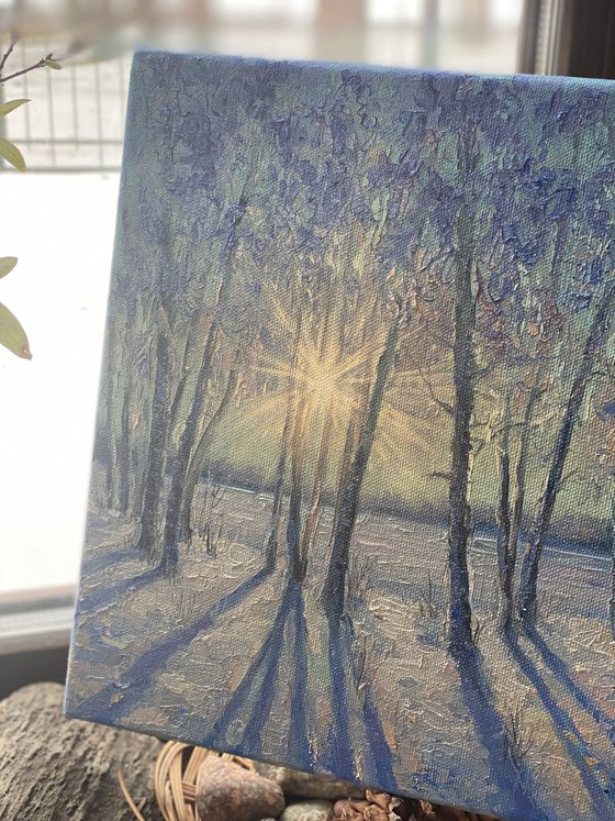 Winter lace.  Winter forest, winter landscape, small painting.