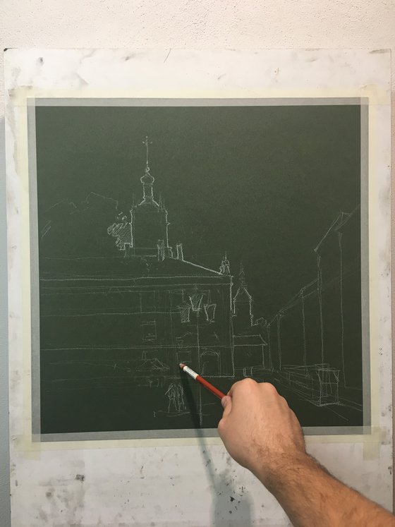 Light. Ukrainian city of Lviv. Soft pastel drawing 19.6x19.6 inch (50x50 cm)