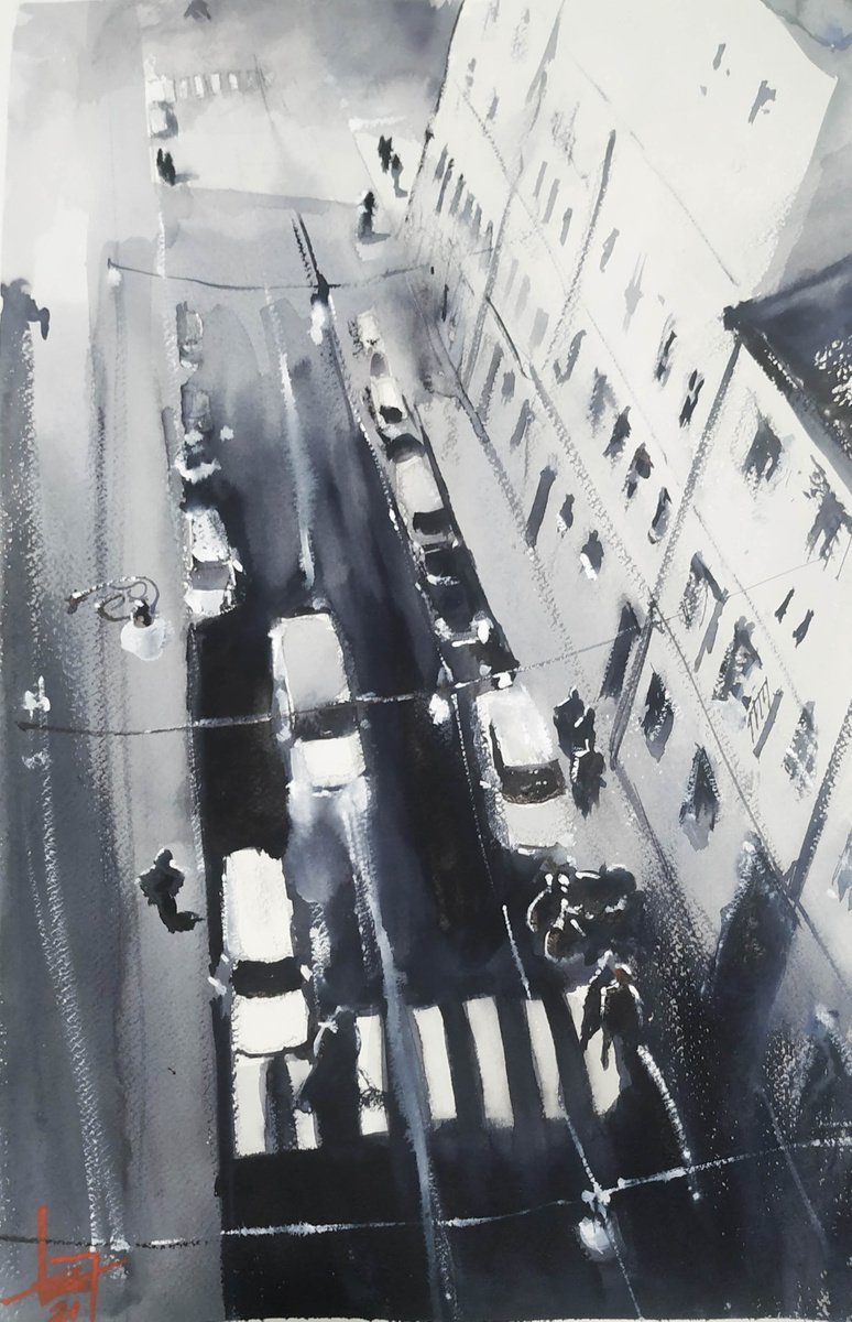 Impressionistic Cityscapes Watercolour By Flavio Furlan, 13 X 22, City Street, Original Artwork