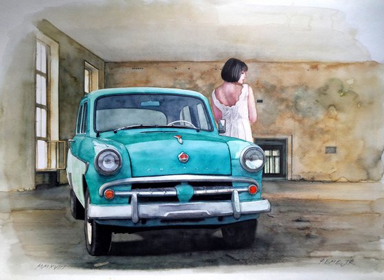 60s of the last century (Girl with Retro Light Blue Car)