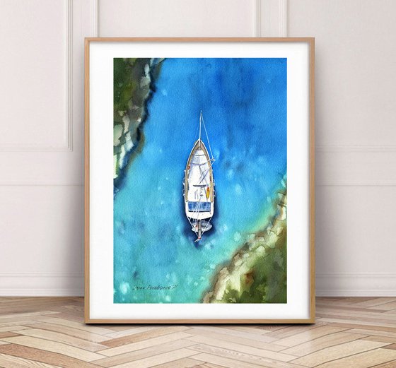 Sailing boat near the coast blue sea original watercolor painting medium size photorealistic stile gift idea