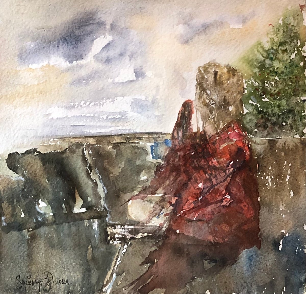 Impressionistic Landscape Watercolour By Snezana Djordjevic, 10 X 10", A Long And Cold Winter, Original Artwork