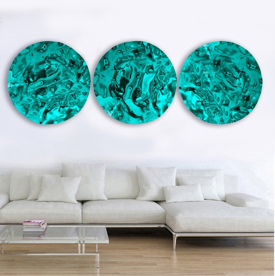 Deep Emerald Green Triptych Unique Sculptural Large 3-Dimensional Contemporary Abstract