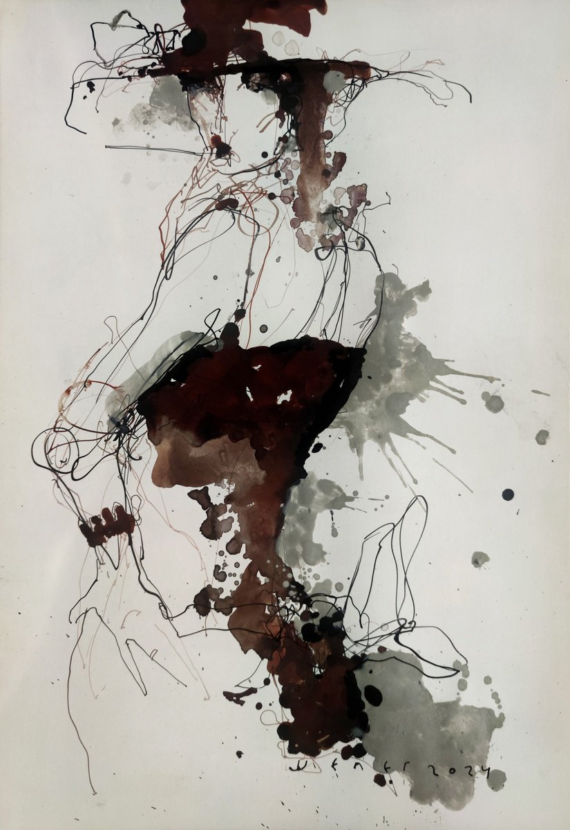 Expressive Portrait Ink Drawing By Victor Sheleg, 14 X 20", Blot Art -3, Original Artwork