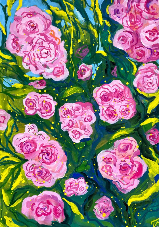 Roses Original Gouache Painting, Pink Flower Wall Art, Cottagecore Home Decor