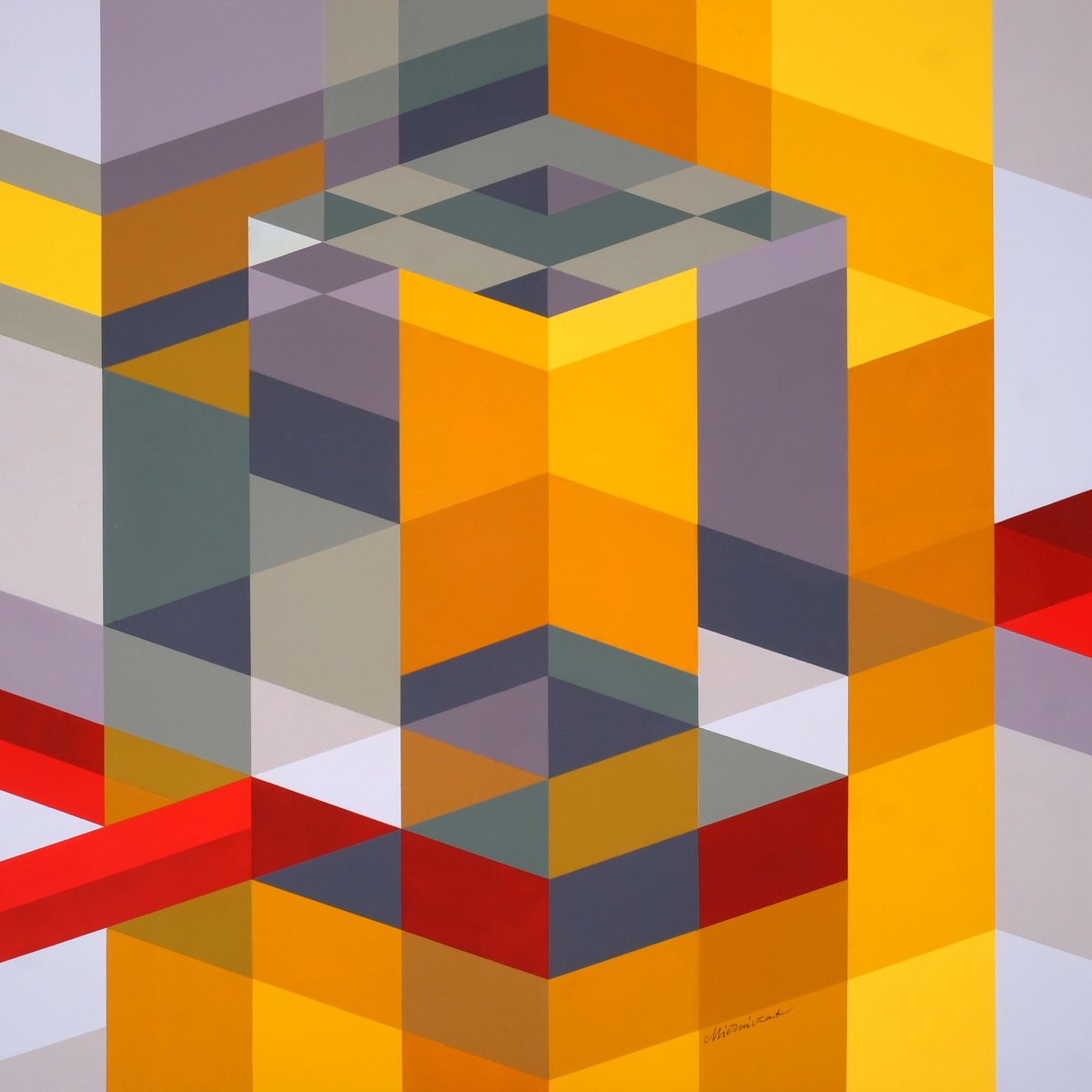 Geometric Abstract Acrylic Painting By Richard Mierniczak, 39 X 39", Composition 32. - Red Path, Original Artwork