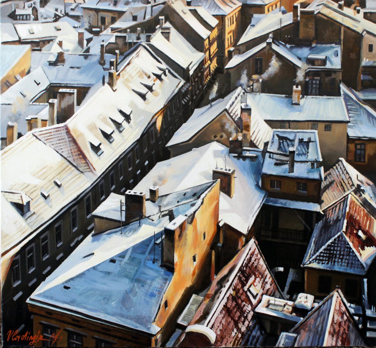 Impressionistic Cityscapes Oil Painting By Volodymyr Melnychuk, 26 X 24", Winter Roofs Of Old Prague, Original Artwork