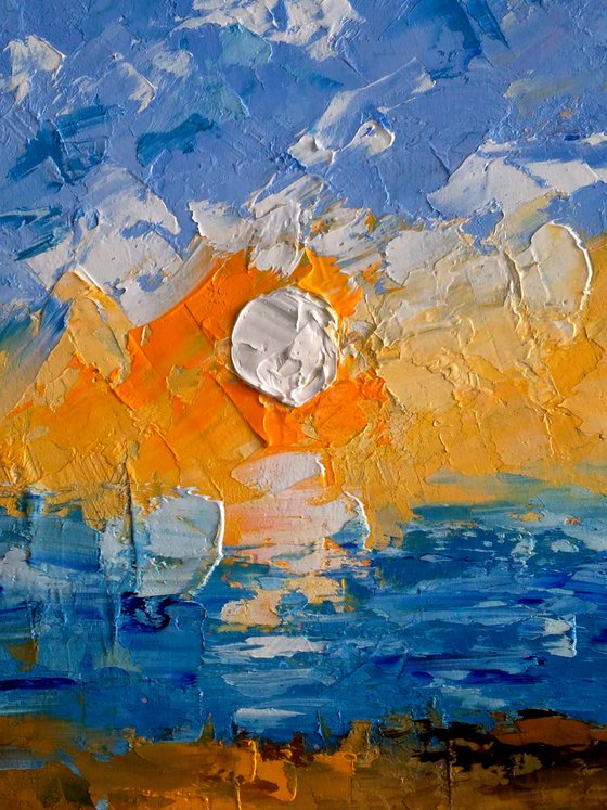 Row Boat Painting Nautical Original Art Maritime Oil Artwork Seascape Impasto Palette Knife Home Wall Art 16 by 12" by Halyna Kirichenko