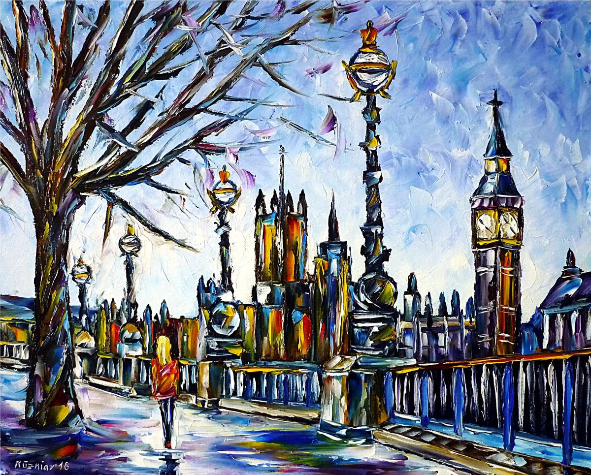 Expressive Cityscapes Oil Painting By Mirek Kuzniar, 20 X 16", By The Thames, Original Artwork