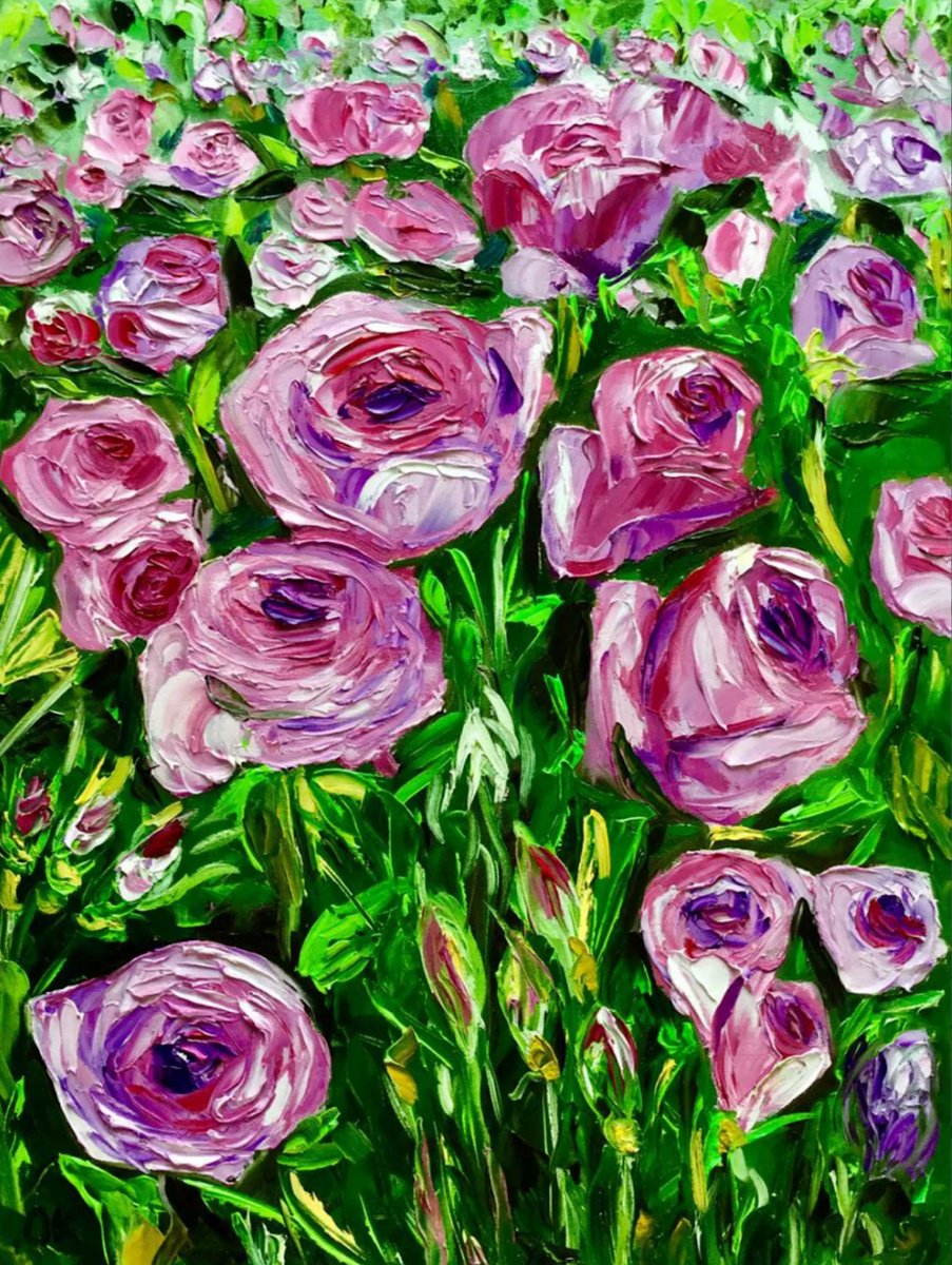 Impressionistic Botanical Oil Painting By Olga Koval, 18 X 24", Pink Purple Roses, Original Artwork