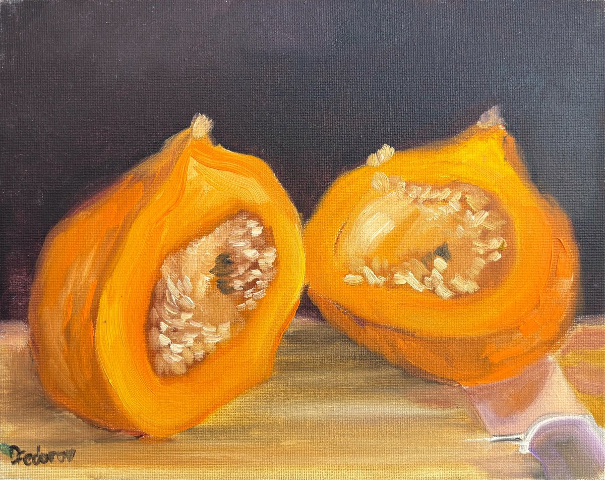 Impressionistic Still Life Oil Painting By Dmitry Fedorov, 12 X 9, A Small Pumpkin Cut In A Half, Original Artwork
