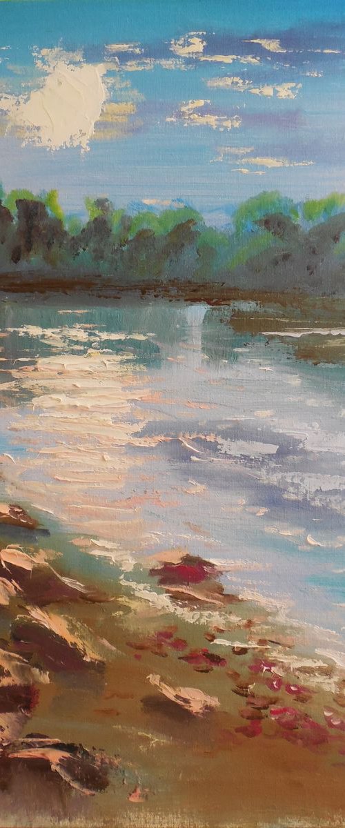 White sunset at the river. Plein air painting by Dmitry Fedorov