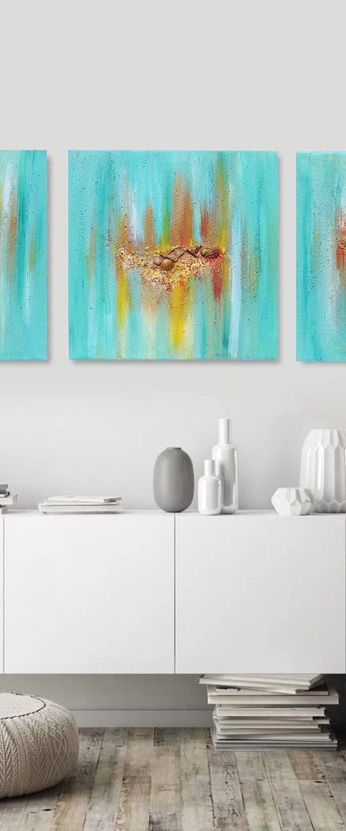 Turquoise Wall Art Triptych, Original Paintings, Hand-painted, Rich Textures, Seascape, Shells, Abstract Art, Ready to Hang - ''Maldivian Memories'' by Julia Apostolova