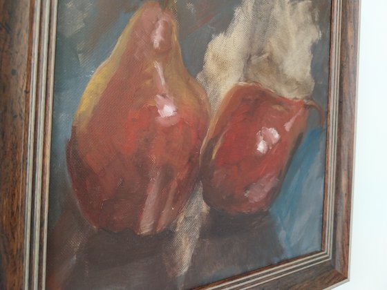 Red pears on blue