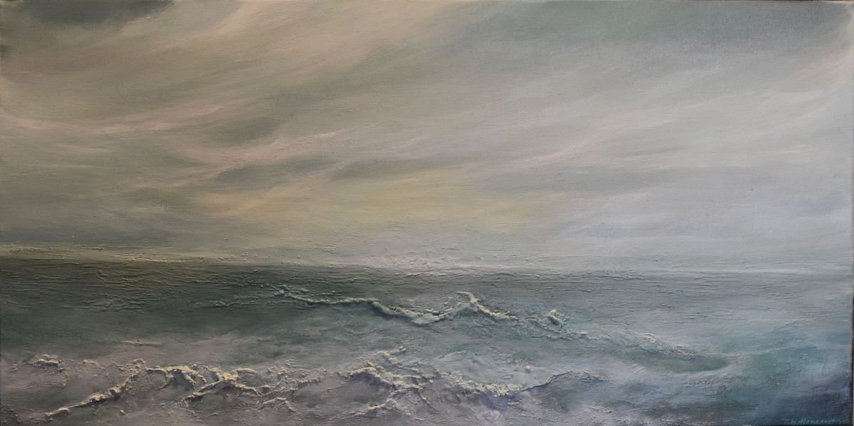 Impressionistic Landscape Painting By Tamara Bettencourt, 24 X 12", Peace At Sea Ii, Original Artwork