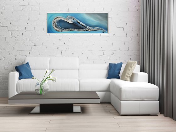 Heartbeat - abstract acrylic painting, canvas wall art, blue, black, white gold, framed modern art