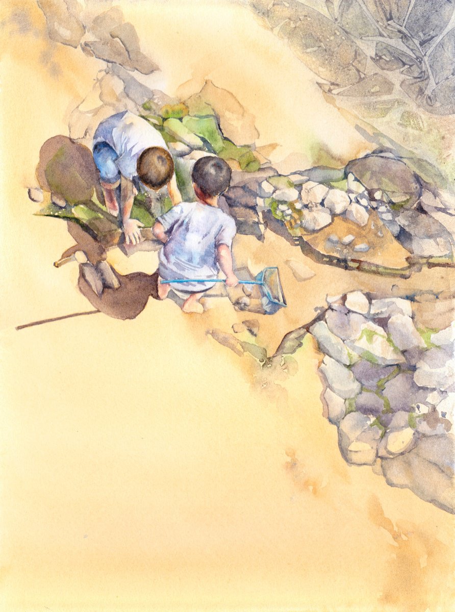 Impressionistic Portrait Watercolour By Anjana Cawdell, 11 X 15, Beachcombing Boys, Original Artwork