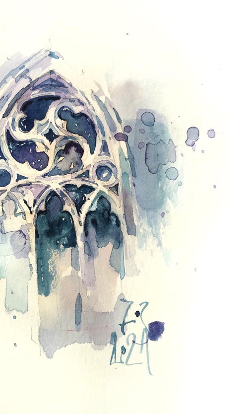 Architectural sketch in gray-blue tones "Rose of the Gothic window" - Original watercolor painting by Ksenia Selianko