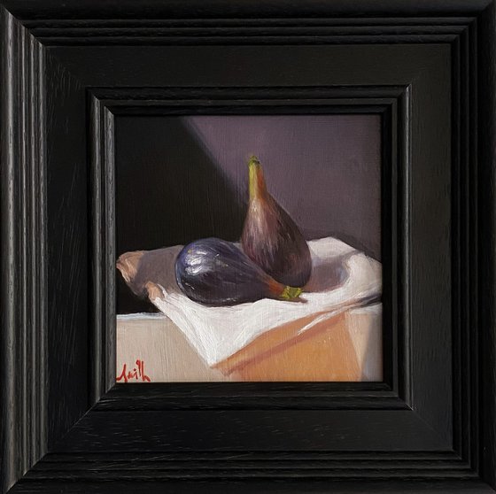 Two Figs & Vintage Linen Cloth Still Life.
