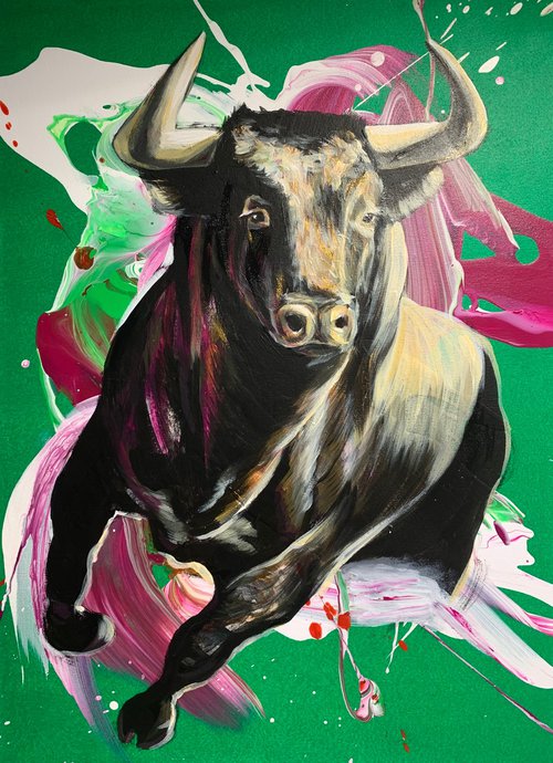 A bull on a green background by Anzhelika Klimina