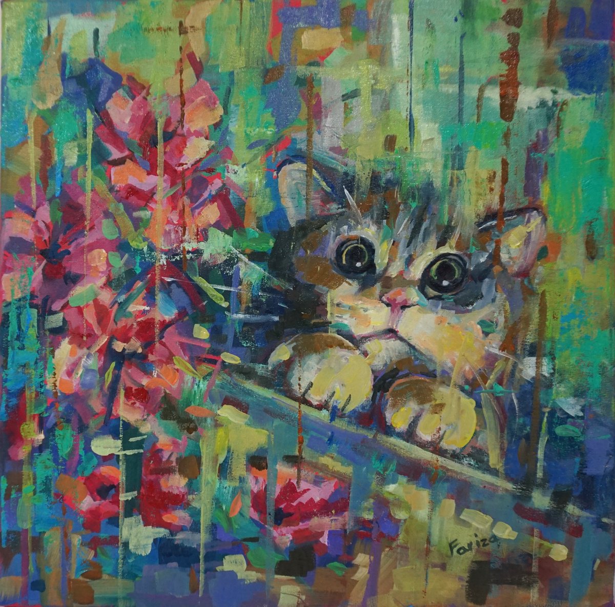 Impressionistic Animal Oil Painting By Amaya Fernandez Fariza, 16 X 16, Eyes, Original Artwork