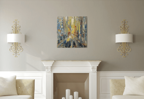 BIG CITY LIGHTS, abstract impressionist painting 75x78cm