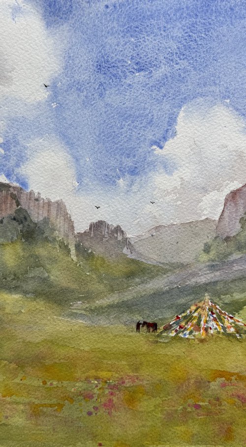 Valley with prayer flags by Shelly Du