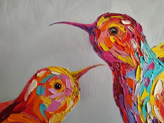 To meet love - birds, hummingbirds, love, animals oil painting, art bird, impressionism, palette knife, gift.