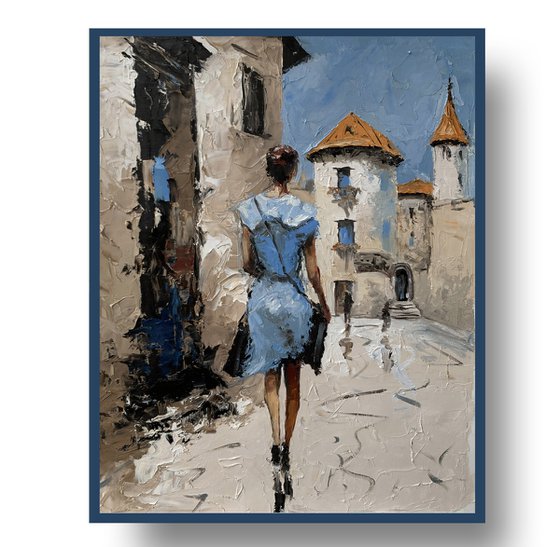 Lady in Blue. Old Town Stroll. Summer life.