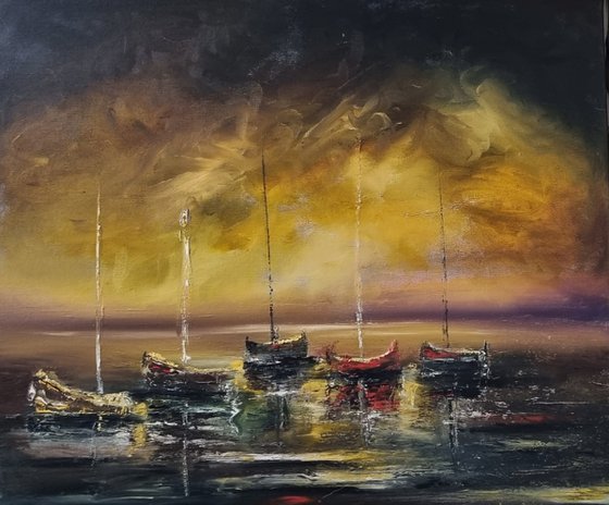 Waiting in the Harbour 24"x20"×0.5" Seascape Oil Painting