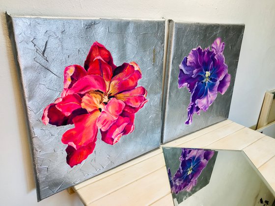 set of 2 flowers oil artworks, purple pink flower, violet gallery wall art, small original oil art on canvas, floral wall decor