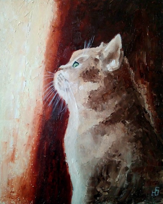 By the window, Cat Oil Painting Original Art Сute Kitten Wall Art Kitty Artwork