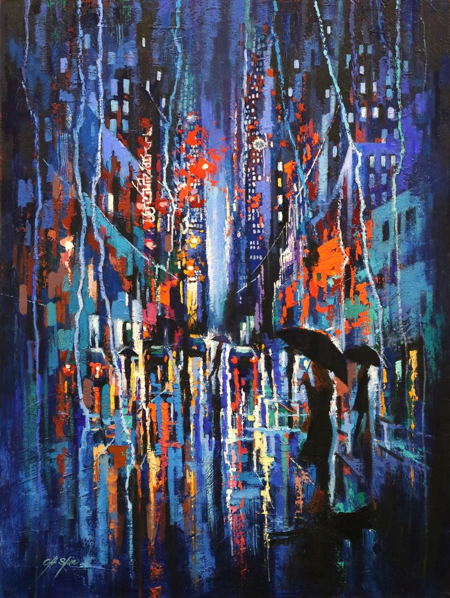 Expressive Oil Painting , Overlooking Broadway Rain By Chin H Shin, 30 X 40, Artwork For Sale On Artfinder