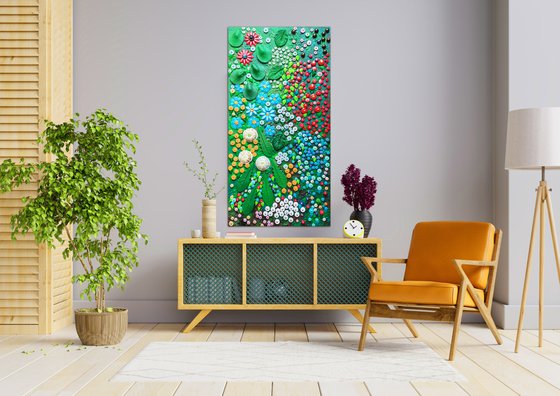 COLORFUL SUMMER GARDEN with forget-me-nots and dandelions. Mosaic botanical floral abstract landscape