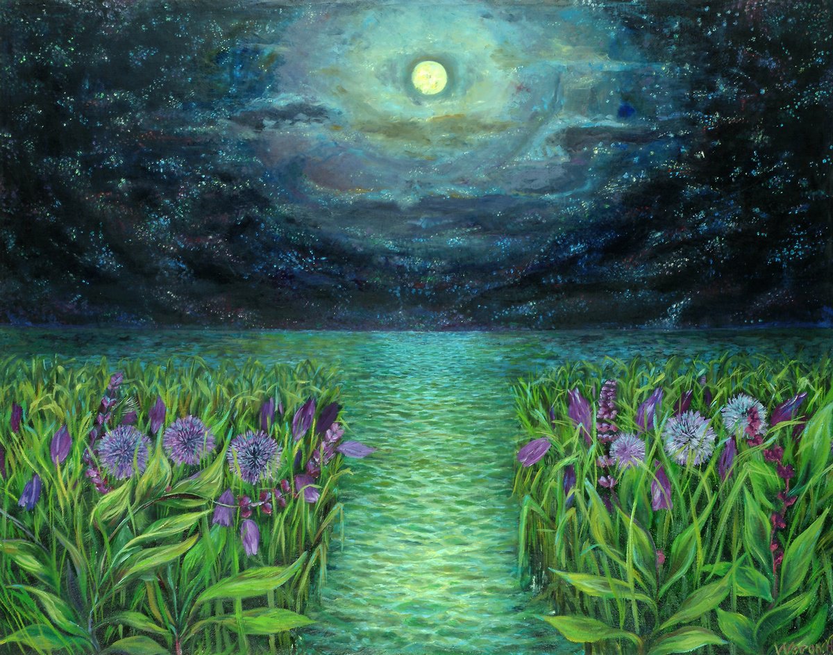 Surrealistic Landscape Oil Painting By Anastasia Woron, 25 X 20, The Mystical World. Moonlight., Original Artwork
