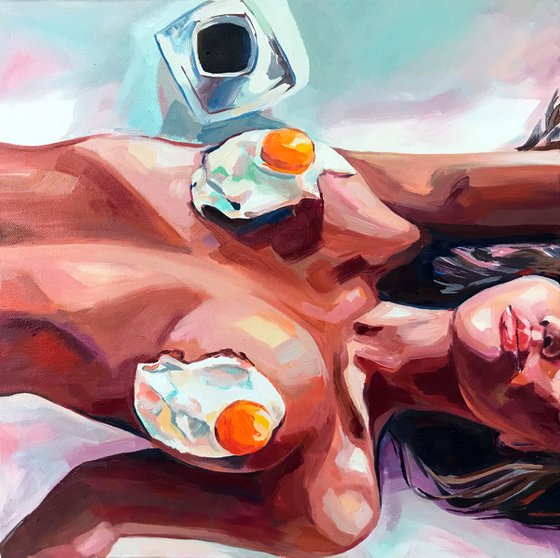 I CAN COOK ALSO - oil painting, eggs, nude, naked woman, erotic art, original gift, home decor, poster, office, pop art