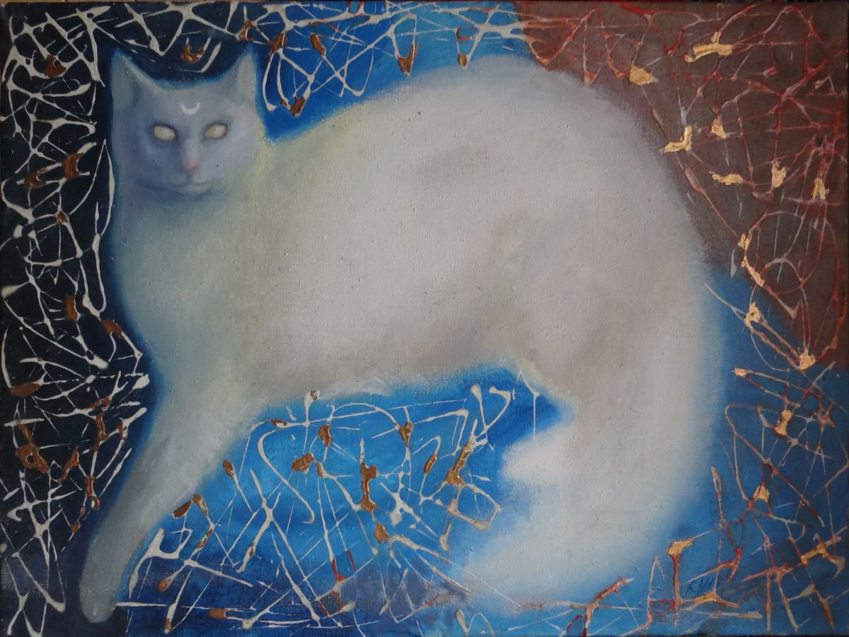 Naive Acrylic Painting , Lunar Cat By Fosco Culto, 26 X 18, Artwork For Sale On Artfinder