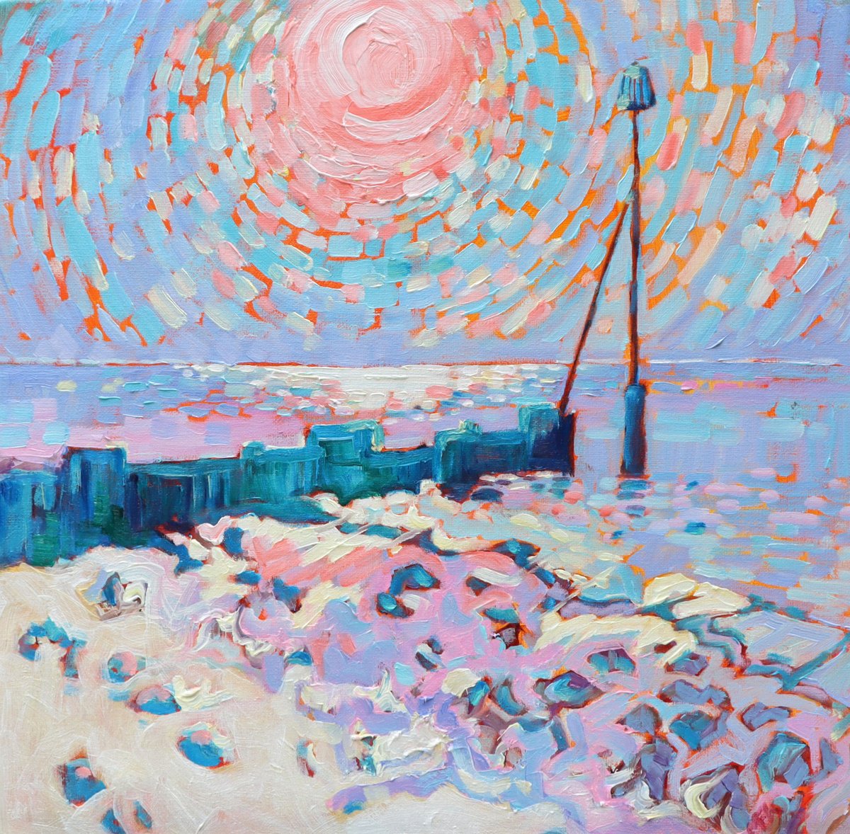 Impressionistic Landscape Oil Painting By Mary Kemp, 12 X 12", Beach Sun, Original Artwork